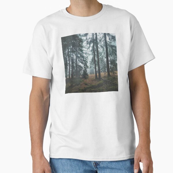 Deep In The Woods // Wild Romantic Misty Retro Fall Wilderness Fairytale Forest With Dark Trees Covered In Fog Classic T-Shirt for Sale by tekay