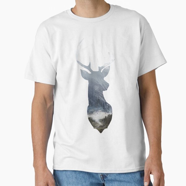 Deer Silhouette in Misty Forest Wild River Scene Classic T-Shirt for Sale by Bramblier