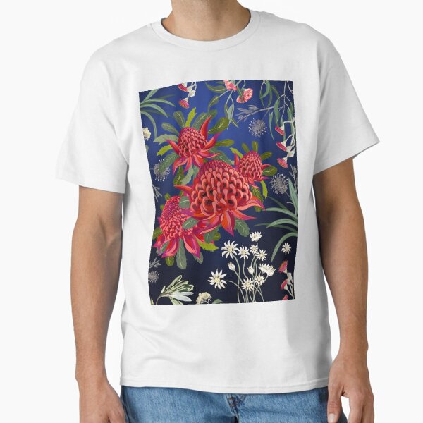 Botanical Australian native flowers, Waratah, forals, red, blue, bright contemporary art Classic T-Shirt for Sale by chrissyink