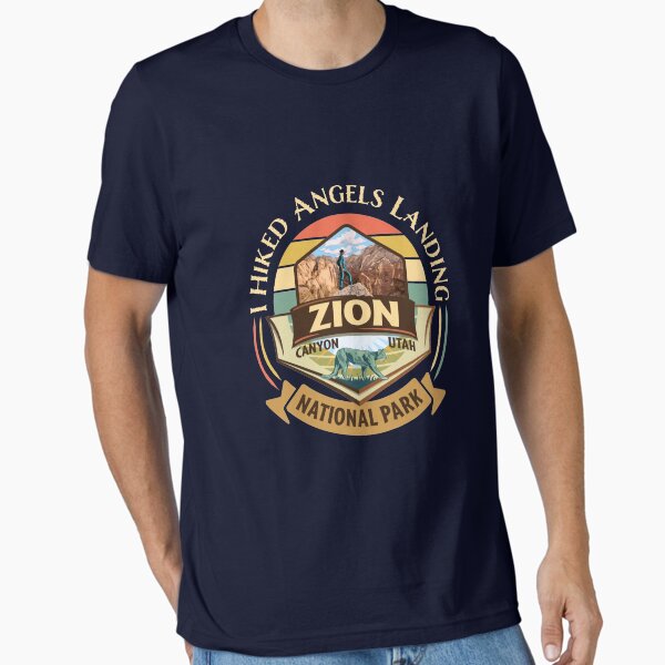 Zion National Park Utah I Hiked Angels Landings Retro Vintage Style Badge Design with Hiker and Cougar  Essential T-Shirt for Sale by SunNoonPark