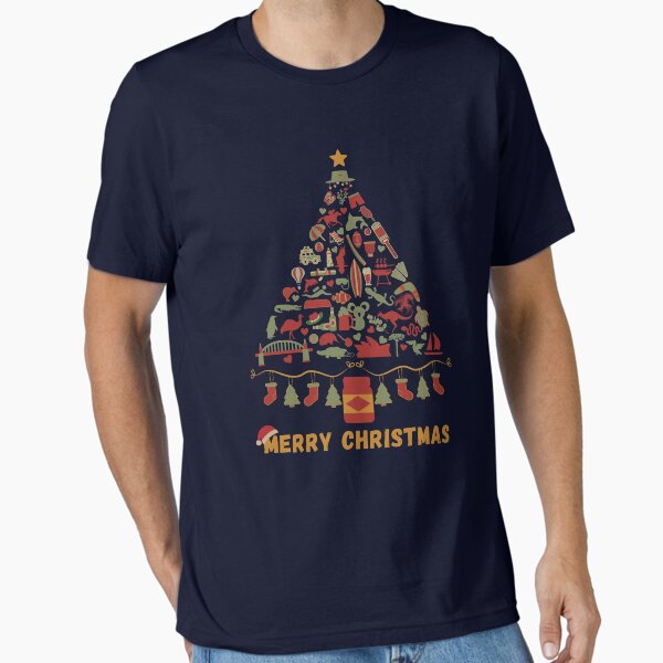 "Merry Christmas Australia | Australian Christmas Tree Made Up of Icons/Symbols (in Vintage Xmas Colors, also available in Bright Colors)" Essential T-Shirt for Sale by InkItStudio