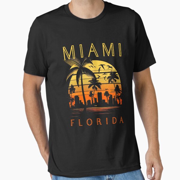 Miami, Florida - the graphic design project is a vintage, retro-inspired depiction of tropical Miami beach and palm trees, showcasing the perfect family vacation destination (3) Essential T-Shirt for Sale by TourDePassion