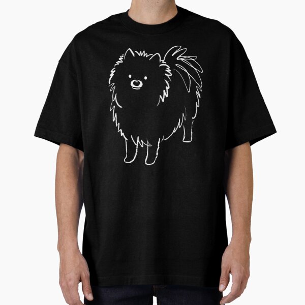 Cute Pomeranian Dog White Line Sketch on Black Oversized T-Shirt for Sale by ShortCoffee