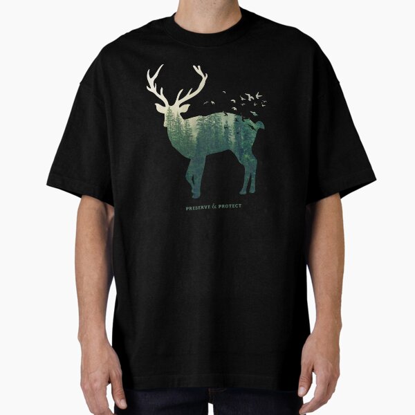Preserve & Protect Deer Silhouette National Park Nature Double Exposure Forest Save the Environment Climate Change Wilderness Hiking Camping Oversized T-Shirt for Sale by la-nynx