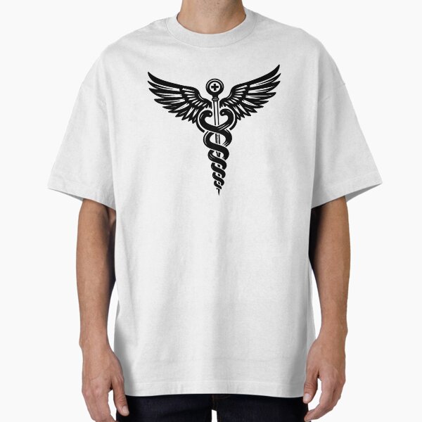 "Minimal Caduceus Symbol – Black Medical Art with Snakes and Wings" Oversized T-Shirt for Sale by EmeraldeaArt