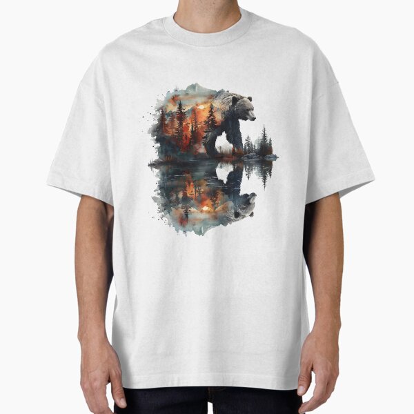 Bears, mountains, forests, rivers and streams, wildlife,forest fire,wildfire, camps, graphic drawings, double exposures. Oversized T-Shirt for Sale by creatorzame